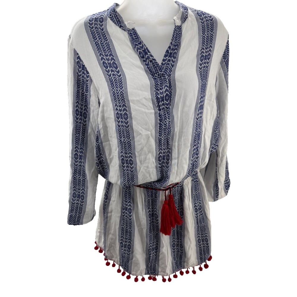 Bindu Boho Blue White  Embroidered Tunic‎ Top Beach Cover Up Medium
